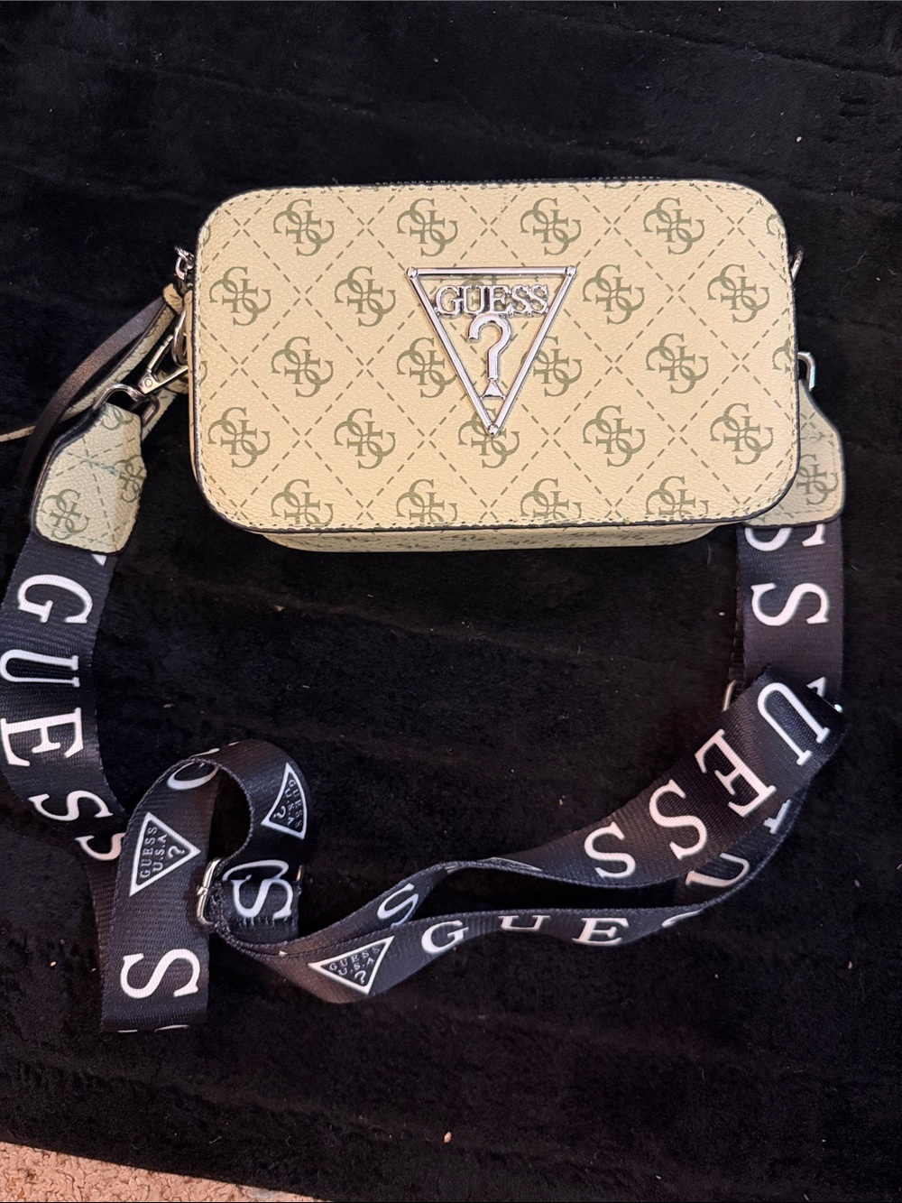 GUESS Beige Logo Camera Bag with Branded Black Strap